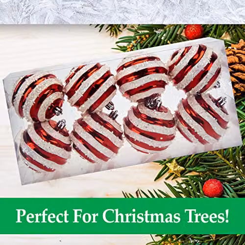 VFM e-Store Red and White Striped Glass Baubles, Diameter: 8 cm (8 Pack) – 4