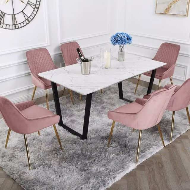 One Atlas Marble Dining Table with 6 Hamilton Velvet Chairs in Pink and Gold