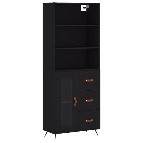 vidaXL Modern Black Highboard with Glass Doors and Internal Shelves, W/D/H: 69.5 x 34 x 180 cm