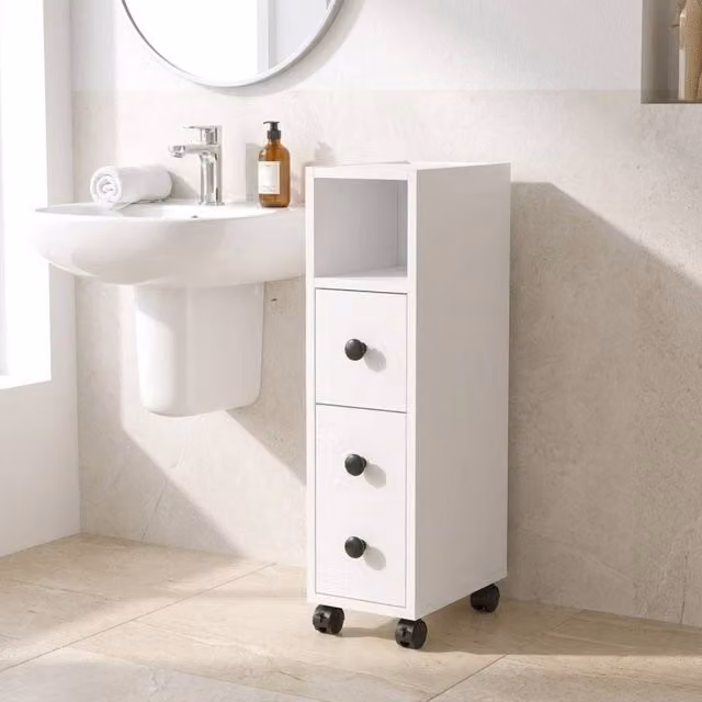 STILVORA White Modern Freestanding Bathroom Storage Cabinet with Internal Drawers, Shelves and Hinged Doors