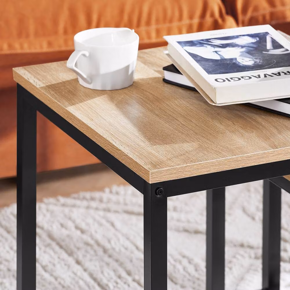 SoBuy Industrial Modern Nesting Coffee Table with Black Metal Frame and Light Oak MDF Tops – 4