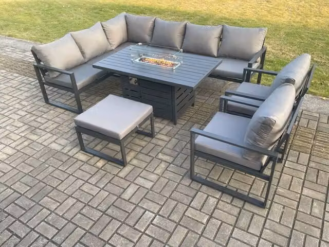 Fimous Aluminium Outdoor Garden Furniture Set with Corner Sofa, Gas Fire Pit Dining Table, 2 Chairs and Footstool in Dark Grey