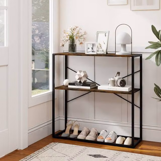 Gymax 2-Tier Industrial Console Table with Wooden Shelves and Metal Frame, Brown