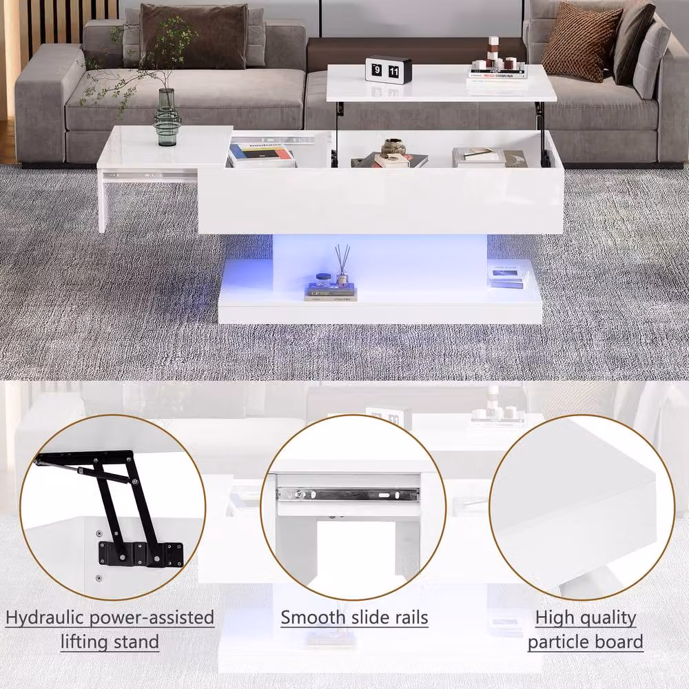 ModernLuxe High Gloss White Extendable Coffee Table with Lift Up Storage – 5
