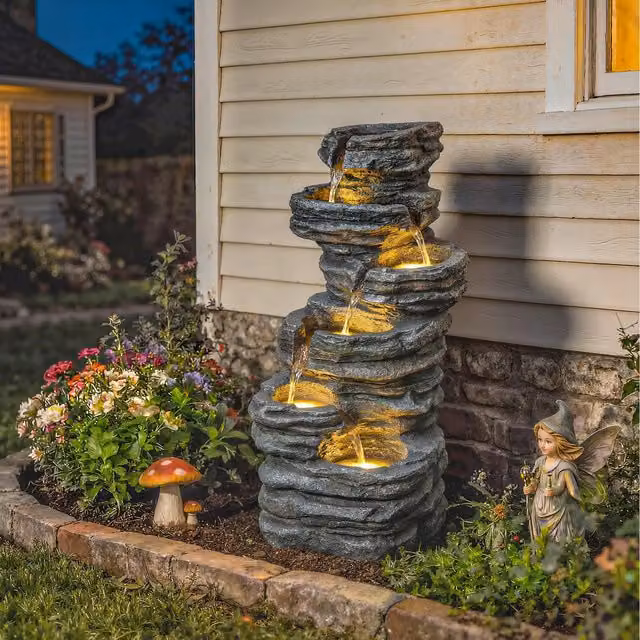 Outsunny 6-Tier Grey Cascade Outdoor Fountain with LED Lights