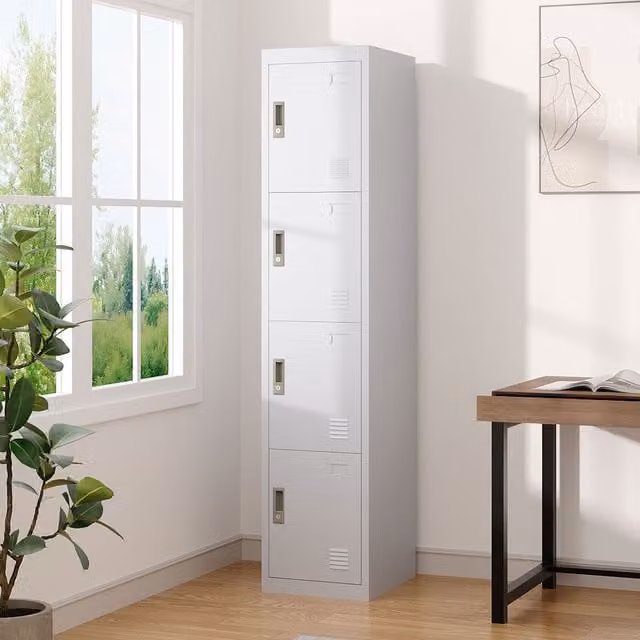 Lifeideas Modern White Matt Metal Corner File Cabinet with Lock and Hinged Doors
