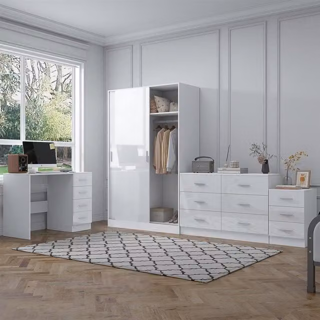 REFLECT Bedroom Furniture Bundle in White Gloss and Matt White including Sliding Wardrobe, Wide Chest, Bedside Table and Desk