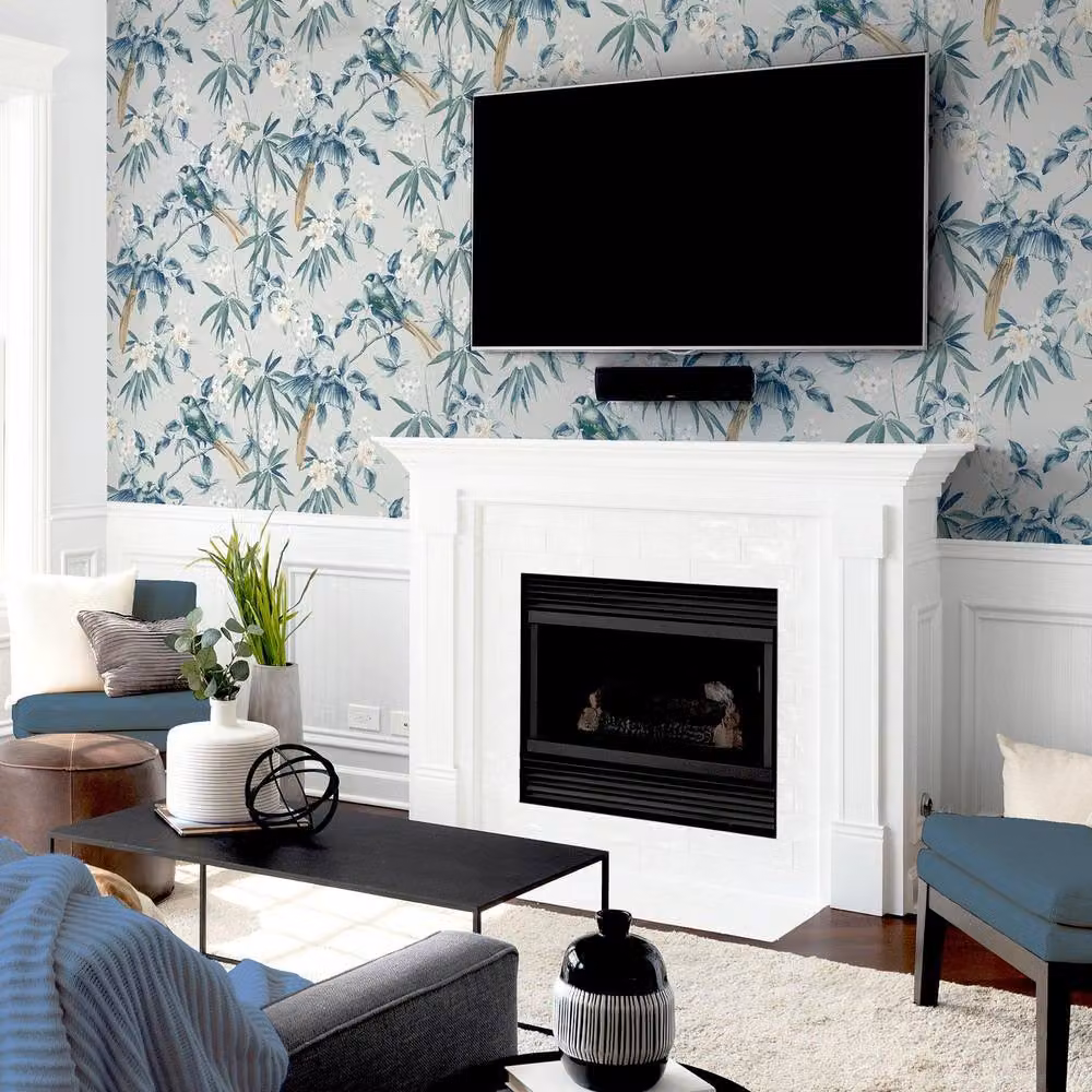 Arthouse Oriental Floral Birds Wallpaper in Grey Blue – 2