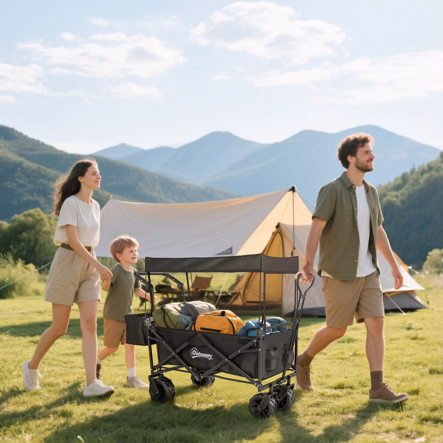 Outsunny Folding Storage Wagon with Canopy and Handle in Black – 2