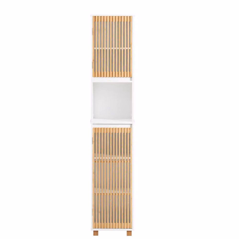SoBuy Slim White Bathroom Tall Cabinet with Bamboo Hinged Doors and Internal Shelves – 2