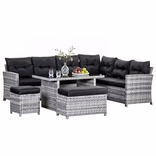 Outsunny 5 Piece L-Shape Rattan Garden Furniture Set in Grey with 3-Seater Sofa, Coffee Table, Ottoman and Cushions