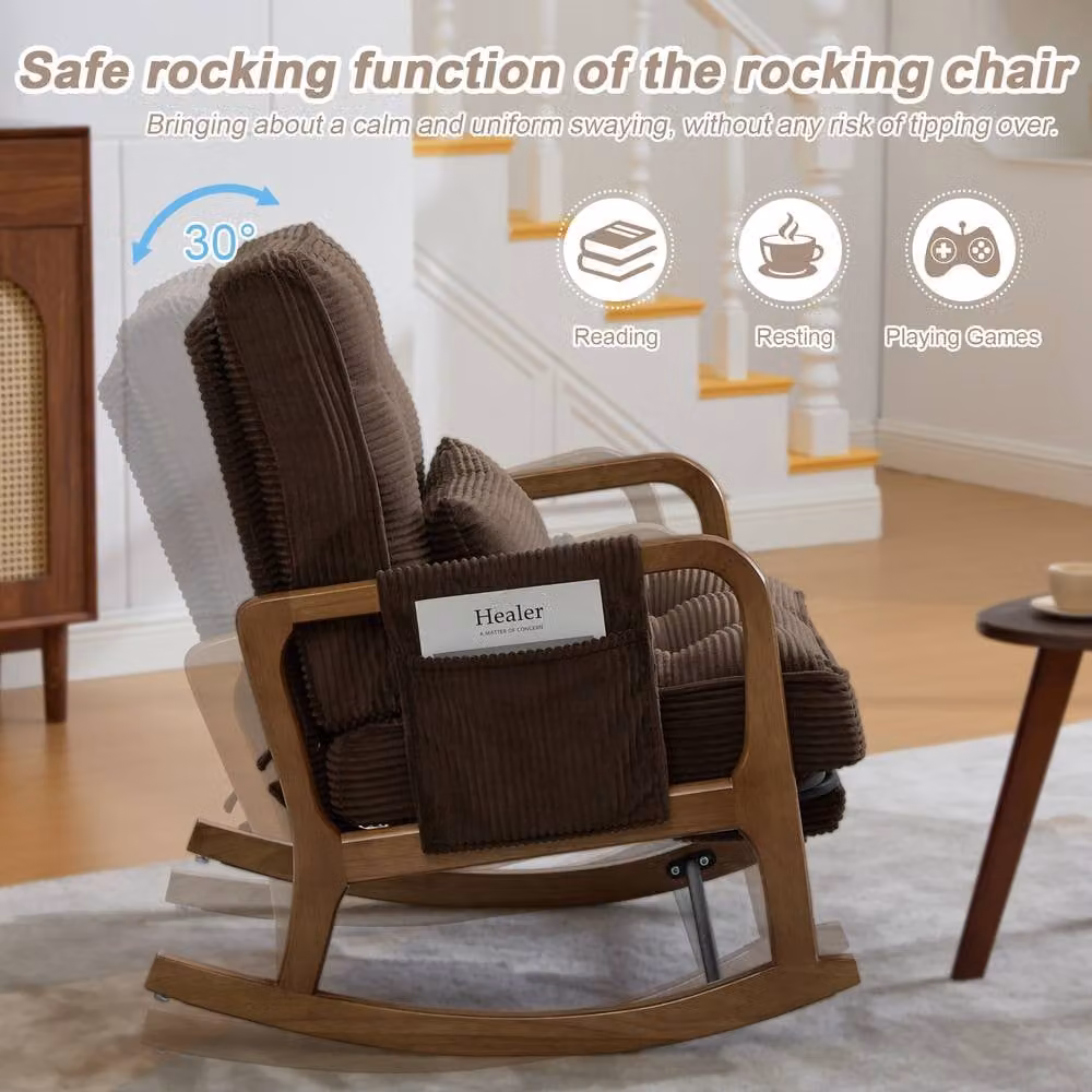 GOMYWAY Matteo Corduroy Rocking Chair in Brown with Solid Wood Frame and Multi-Position Glide – 7