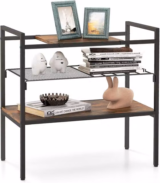 COSTWAY 3-Tier Industrial Mesh Entryway Table in Brown with Wood and Metal Construction