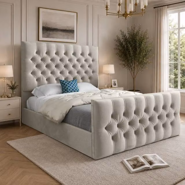 Casani Porthcawl Upholstered Chesterfield Bed Frame in Beige Velvet, Size: Single (90 x 200 cm) – 1