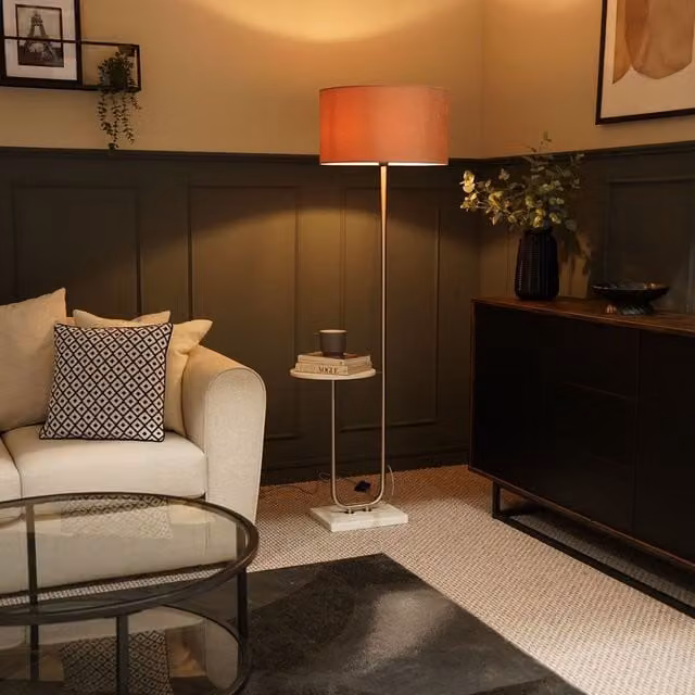 ValueLights Brushed Chrome Floor Lamp with Dusty Pink Velvet Shade