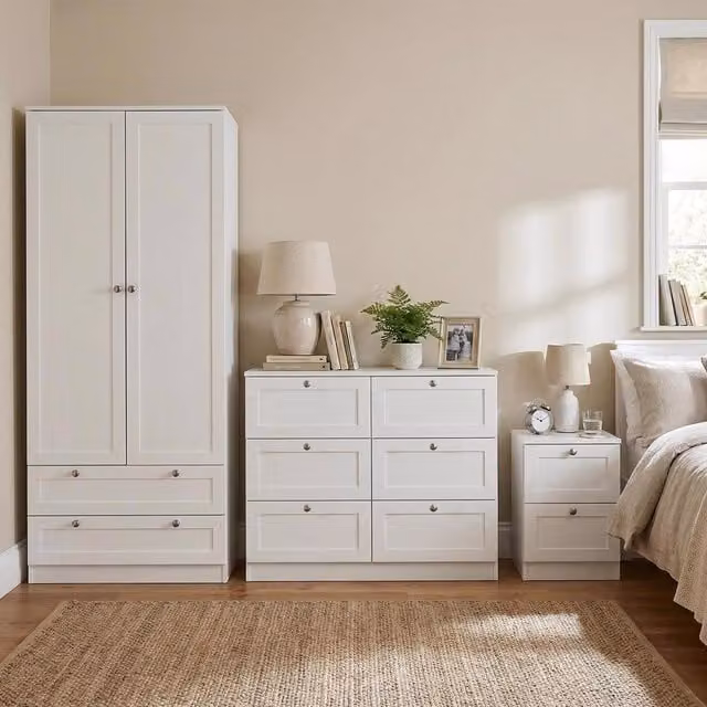 FWStyle Matt White Bedroom Set with 6 Drawer Chest, 2 Door 2 Drawer Wardrobe and Bedside Table