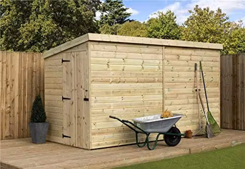 EMS Retail Empire 2000 Pent Garden Shed in Brown, Shiplap Tongue and Groove, Pressure Treated with Left End Door – 1