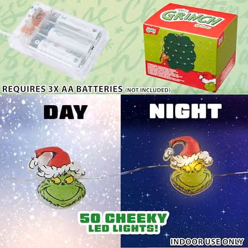 United Essentials The Grinch LED Christmas String Lights, Battery Operated, Green and Multicolour, 170 cm – 3