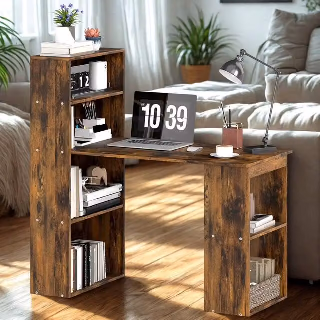 FURNOS Industrial Rustic Computer Desk with 6 Storage Shelves, Brown