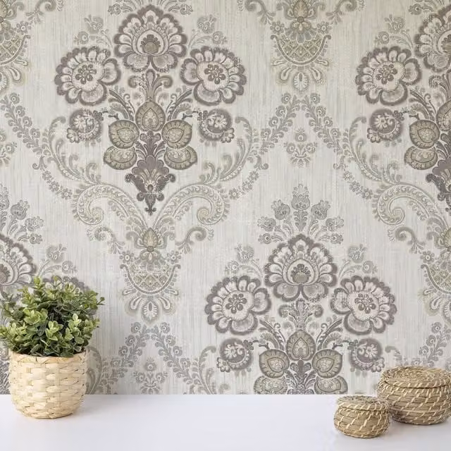 Wallquest Botanical Paisley Ethnic Vinyl Wallpaper in Red, Purple and Petrol