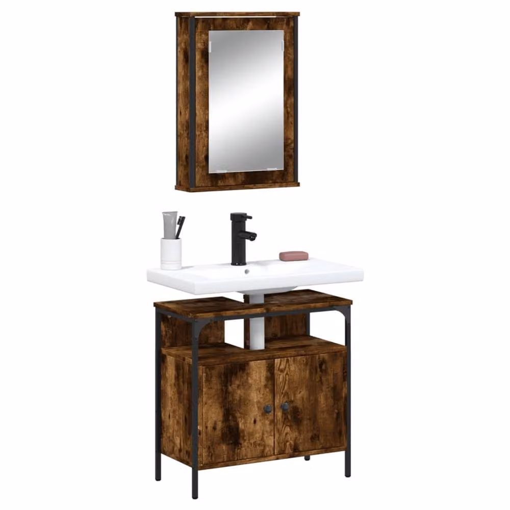 Berkfield Home 2 Piece Industrial Bathroom Furniture Set with Mirror Cabinet and Vanity Unit in Smoked Oak Brown – 2