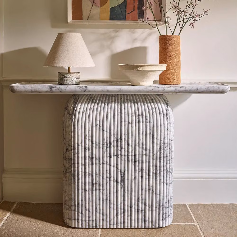 Atkin and Thyme Capri Console Table in White Marble Finish with Concrete Stone Base
