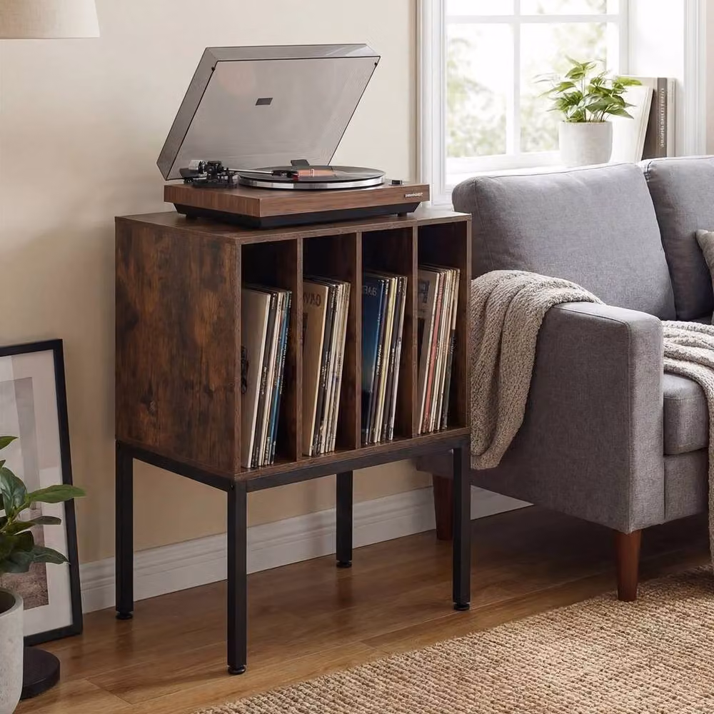 VOGREX Industrial Metal Turntable Stand with Vinyl Record Storage Shelves in Brown – 5
