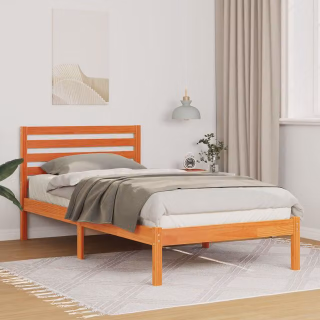 Berkfield Home Solid Pine Wood Bed Frame with Headboard in Wax Brown, W/D/H: 90 x 190 x 80.5 cm – 1