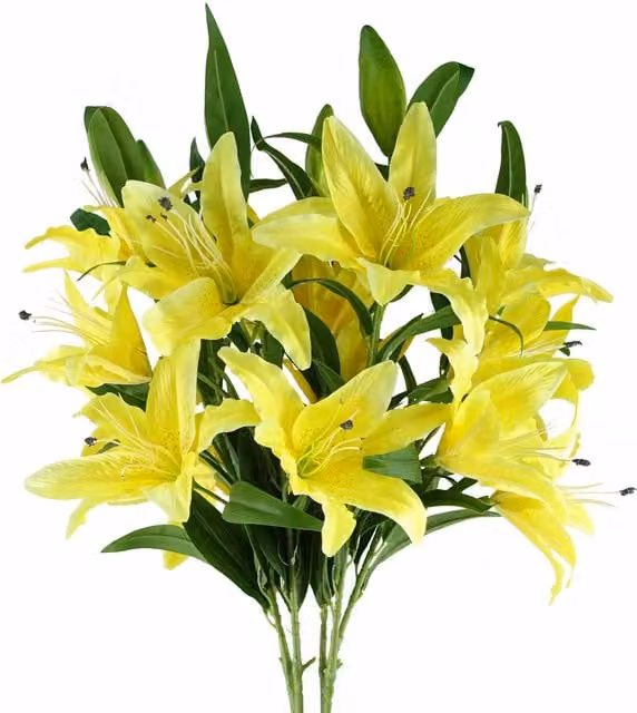 Pack of 6 Large Yellow Silk Lily Stems with Leaves, 18 Flowers