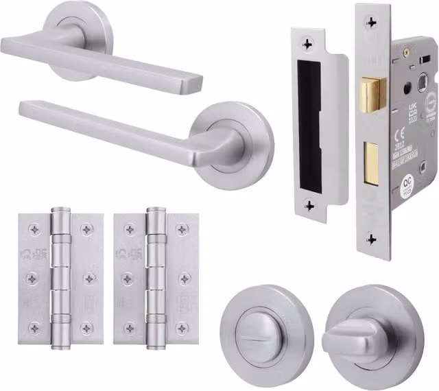 AFIT Satin Chrome Bathroom Door Handle and Rosette Set in Silver – 1