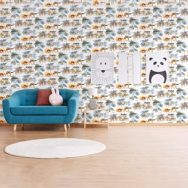 SK Filson Sahara Nights Greetings from Dubai Oriental Animal Print Washable Wallpaper in White and Multicolour