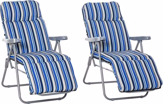 Outsunny Set of 2 Blue and White Striped Garden Sun Loungers with Weatherproof Cushions and Adjustable Recliners – 1
