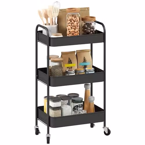 HOMCOM 3-Tier Rolling Utility Storage Trolley with Mesh Baskets, Black, W: 45.0 cm, D: 30.6 cm, H: 79.0 cm