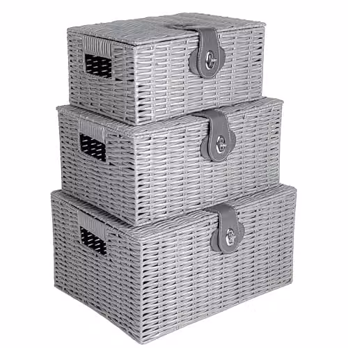 INNOTECK 3-Piece Wicker Storage Basket Set with Lids, Grey