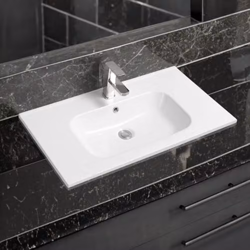 Limoge 4010 White Ceramic Thin-Edge Inset Bathroom Basin with Oval Bowl, W: 81.0 cm, D: 16.5 cm, H: 15.5 cm