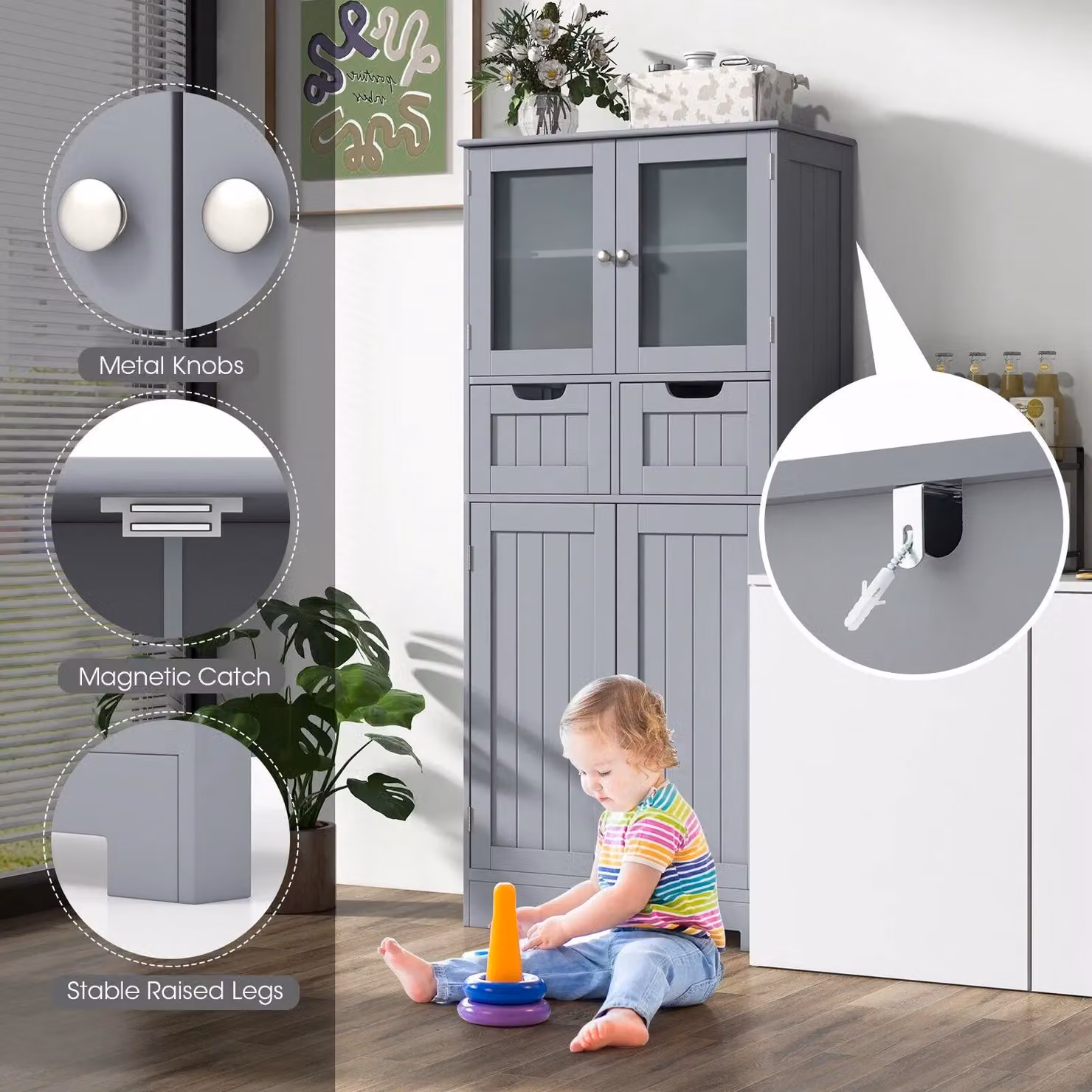 Gymax Tall Grey Bathroom Cabinet with Double Hinged Doors and 2 Internal Drawers – 4