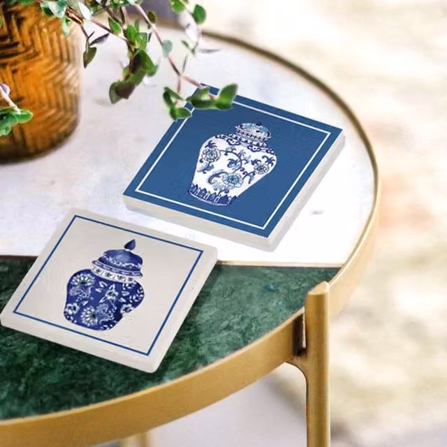 The Mia Blue and White Natural Stone and Cork Square Coasters, Set of 2 – 1