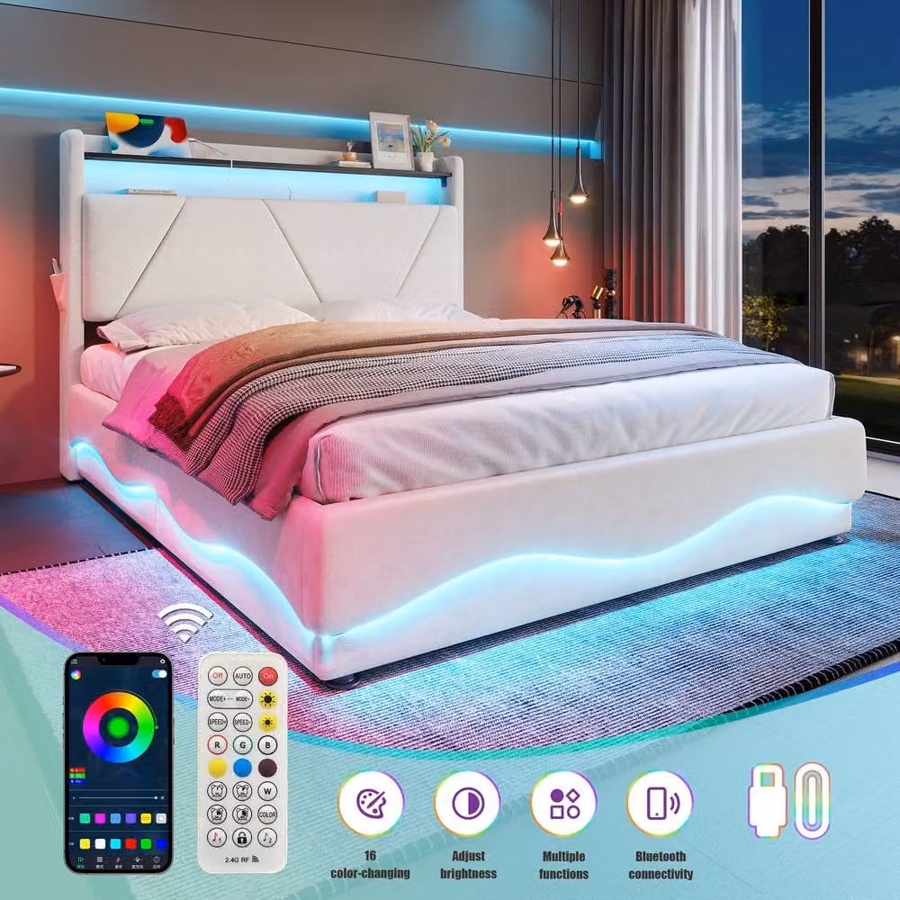 BTM King LED Ottoman Bed with USB Charging Ports and Storage Shelves, Beige, W: 150 cm, D: 200 cm – 3