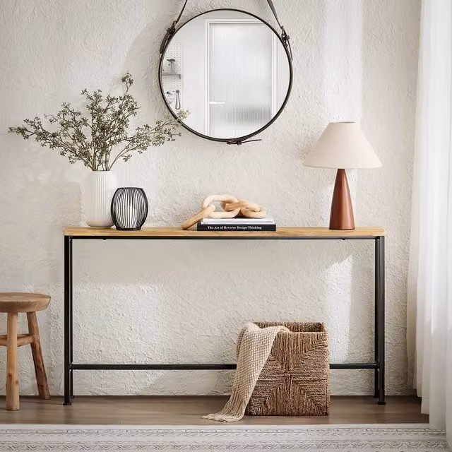 SoBuy Slim Oak Console Table with Metal Frame and Wood Top, W: 120 cm, D: 15 cm