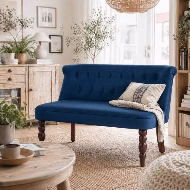 Wyld Haus Layono Blue Velvet Two Seater Wingback Sofa with Diamond Tufting and Scatter Cushions W/D/H: 120 x 78 x 67 cm – 1