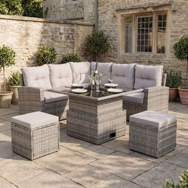 Home Garden Direct St Tropez Grey Rattan Corner Sofa Set with Rising Glass Table