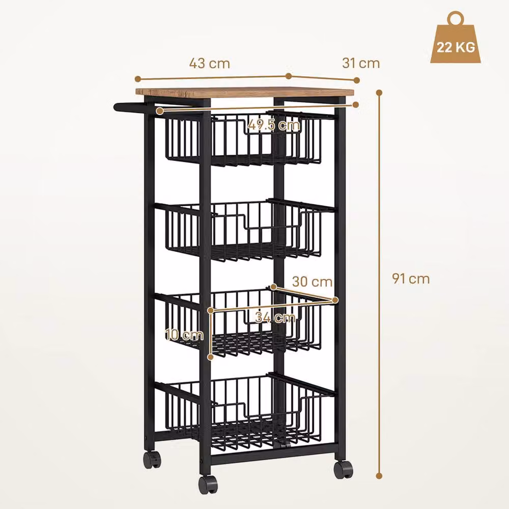 STILVORA Industrial Kitchen Trolley with 4 Baskets and Wheels in Light Oak and Black – 4