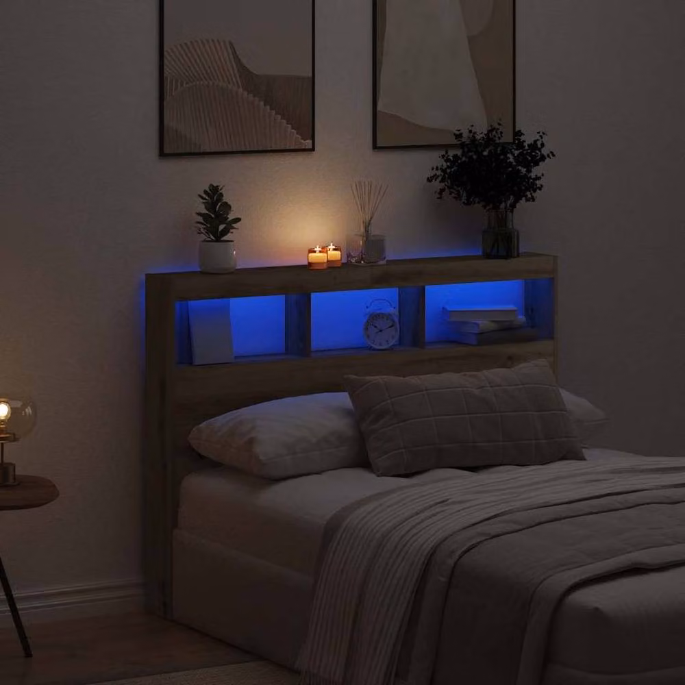 Berkfield Home Headboard Cabinet with Integrated LED in Artisan Oak Brown, W: 140 cm, D: 17 cm, H: 102 cm – 2