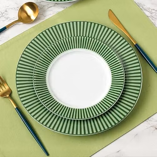 Waterside 12-Piece Green and White Striped Porcelain Dinner Set including 4 Dinner Plates, Side Plates and Deep Bowls – 2