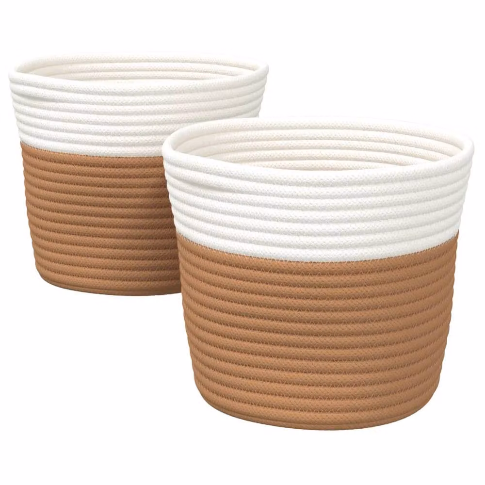 Berkfield Home Storage Baskets, 2 Pack, Brown and White Cotton Open Weave Fabric, W: 24 cm, H: 18 cm – 2