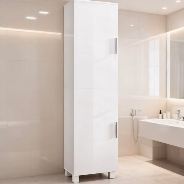ERGOVEXA Tall White Glossy Bathroom Cabinet with Hinged Doors and Internal Shelves, H 167.5 x W 30.0 x D 30.0 cm