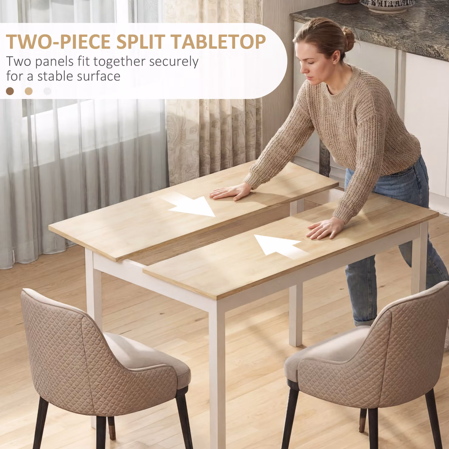 HOMCOM Natural and White Farmhouse Dining Table with Pine Wood Frame, W/D/H: 120 x 75 x 75 cm – 3