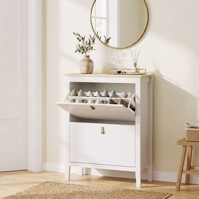 STILVORA Modern White and Brown Freestanding Shoe Cabinet with 2 Tilting Compartments and Internal Shelves