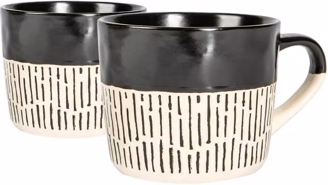 Nicola Spring Set of 2 Black Dipped Dash Stoneware Coffee Mugs, 450ml