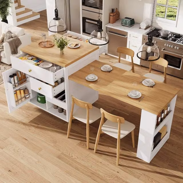 Merax Extendable Kitchen Island with Dining Table and Storage in White
